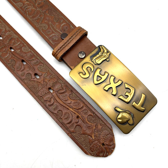 Vintage 70s Lyntone 2357 Brown Acorn Tooled TEXAS Solid Brass Buckle Belt 26-29\